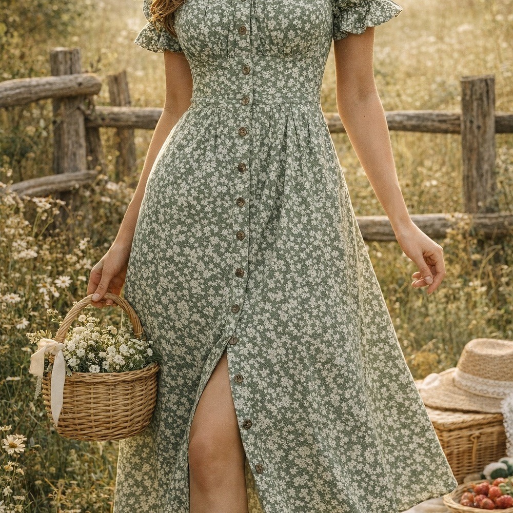 Cottagecore Milkmaid Dress Small Green Floral Puff Sleeve Button Front Midi